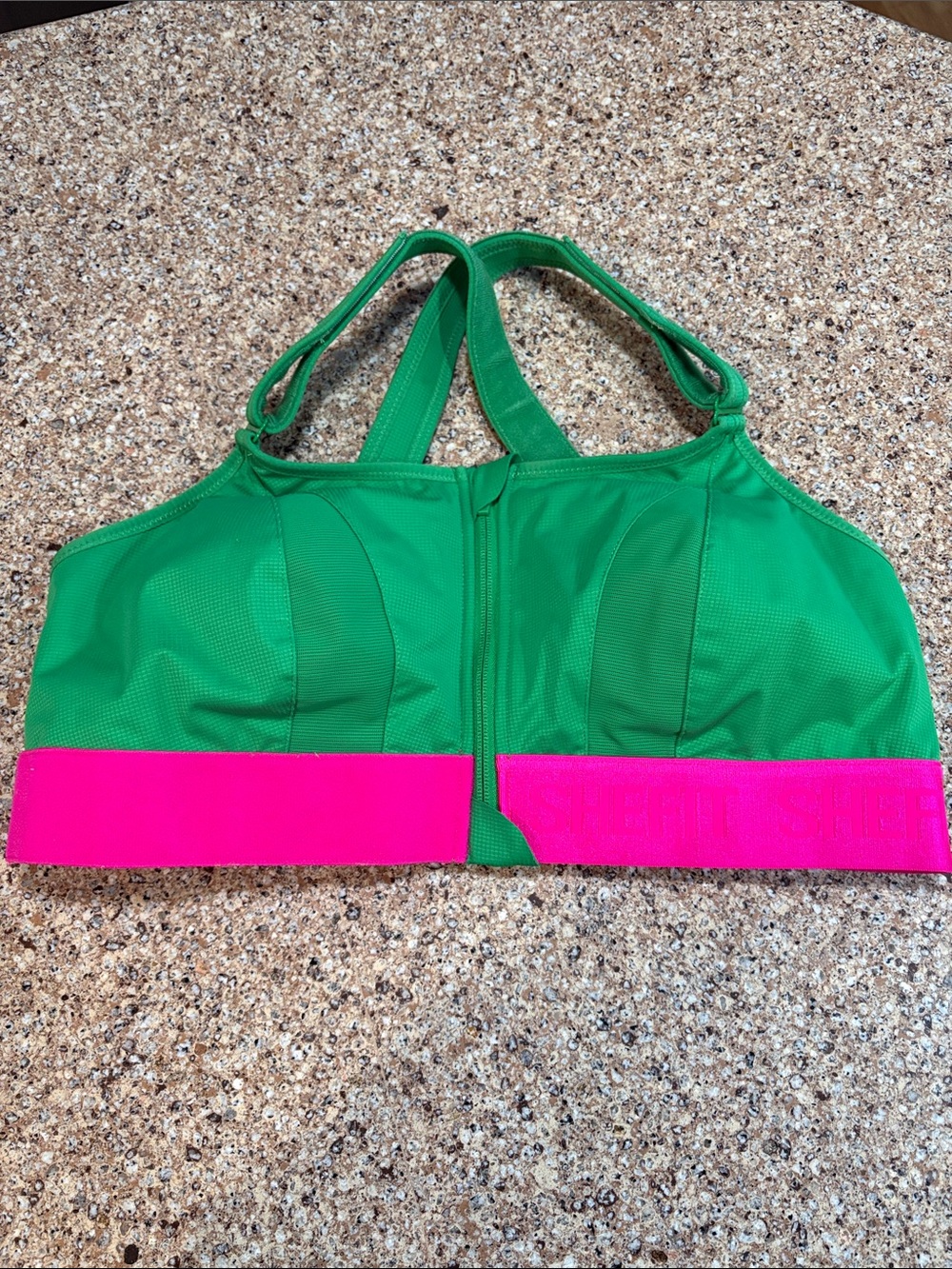 SHEFIT Ultimate Sports Bra 3Luxe High Impact Front Zip Green Pink